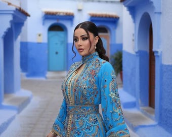 Turquoise Crepe Moroccan Kaftan Gold Embroidery | Luxury Wedding Guest Dress | Custom Arabic Caftan