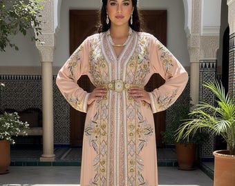 Blush Pink Moroccan Kaftan Dress | Luxury Gold Embroidery, Custom Made Bridal Wear