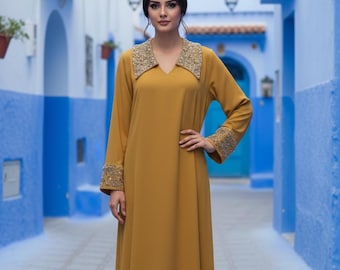 Mustard Crepe Maxi Dress | Abaya Style, Embroidered Collar & Cuffs