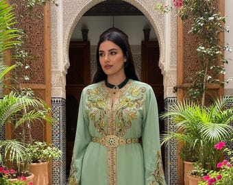 Mint Green Embroidered Moroccan Kaftan Dress | Luxury Crepe Dubai Style Caftan