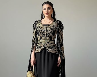 Black Crepe Cape Gown | Gold Embroidery, Modest Evening Dress, Custom Made