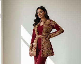 Red Crepe Embroidered Jacket Co Ord Set | Moroccan Bridal Takchita Kaftan