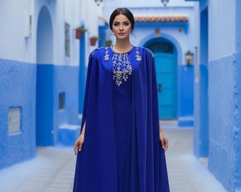 Royal Blue Crepe Maxi Dress, Cape Sleeve, Hand-Embroidered Neckline, Custom Bridal Gown