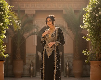 Black Moroccan Kaftan Dress with Gold Embroidery – Handmade Bridal Takchita