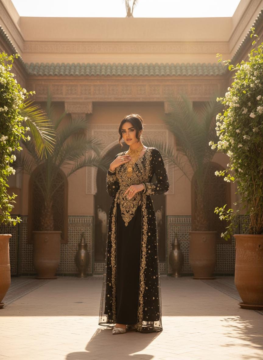 green emerald velvet dress Kaftan Abaya with Hoody 3 pcs. Dazzling Sequins Long Sleeve Black & Gold XL