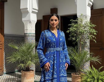 Blue Moroccan Bridal Kaftan Takchita, Hand Embroidered Crepe Wedding Dress