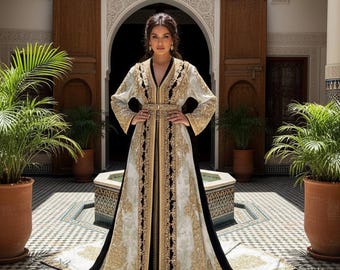 Luxury Moroccan Jacquard Kaftan | Gold Embroidered Bridal Takchita Dress