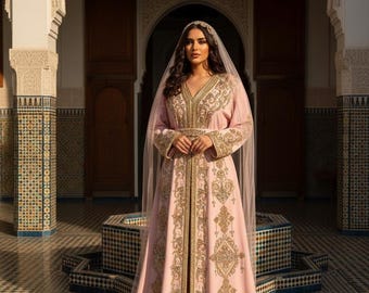 Dull Pink Moroccan Bridal Kaftan Takchita, Hand Embroidered Crepe Wedding Dress (Custom Made)
