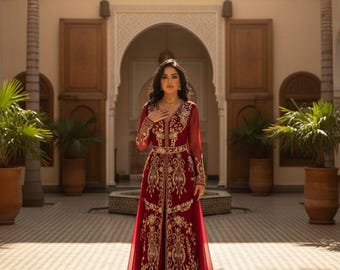 Red Moroccan Bridal Kaftan, Luxury Gold Embroidered Wedding Dress, Handcrafted Takchita