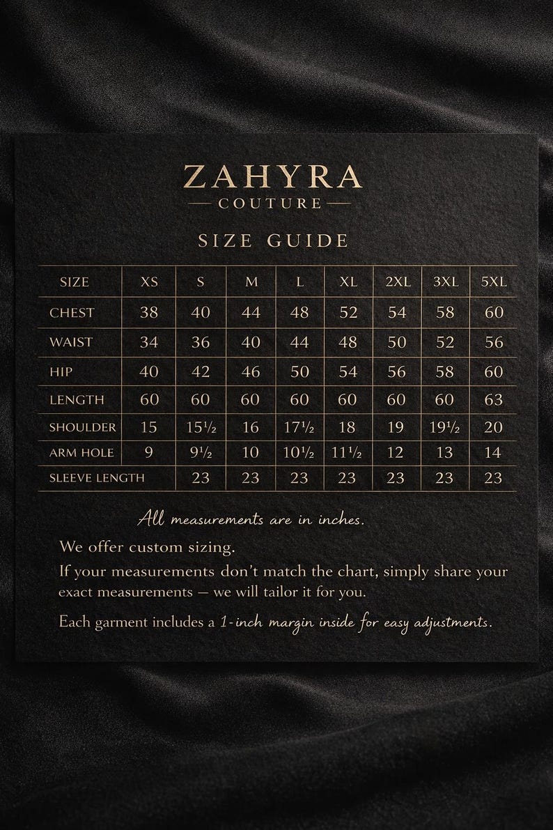 May include: A size guide from ZAHYRA COUTURE, with measurements in inches. The chart includes sizes XS to 5XL, detailing chest, waist, hip, length, shoulder, arm hole, and sleeve length. The text states custom sizing is available.