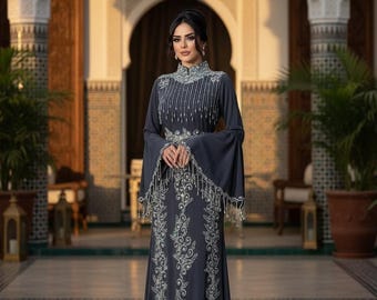 Charcoal Grey Embroidered Kaftan Dress, Crystal Beaded Bell Sleeve Formal Gown