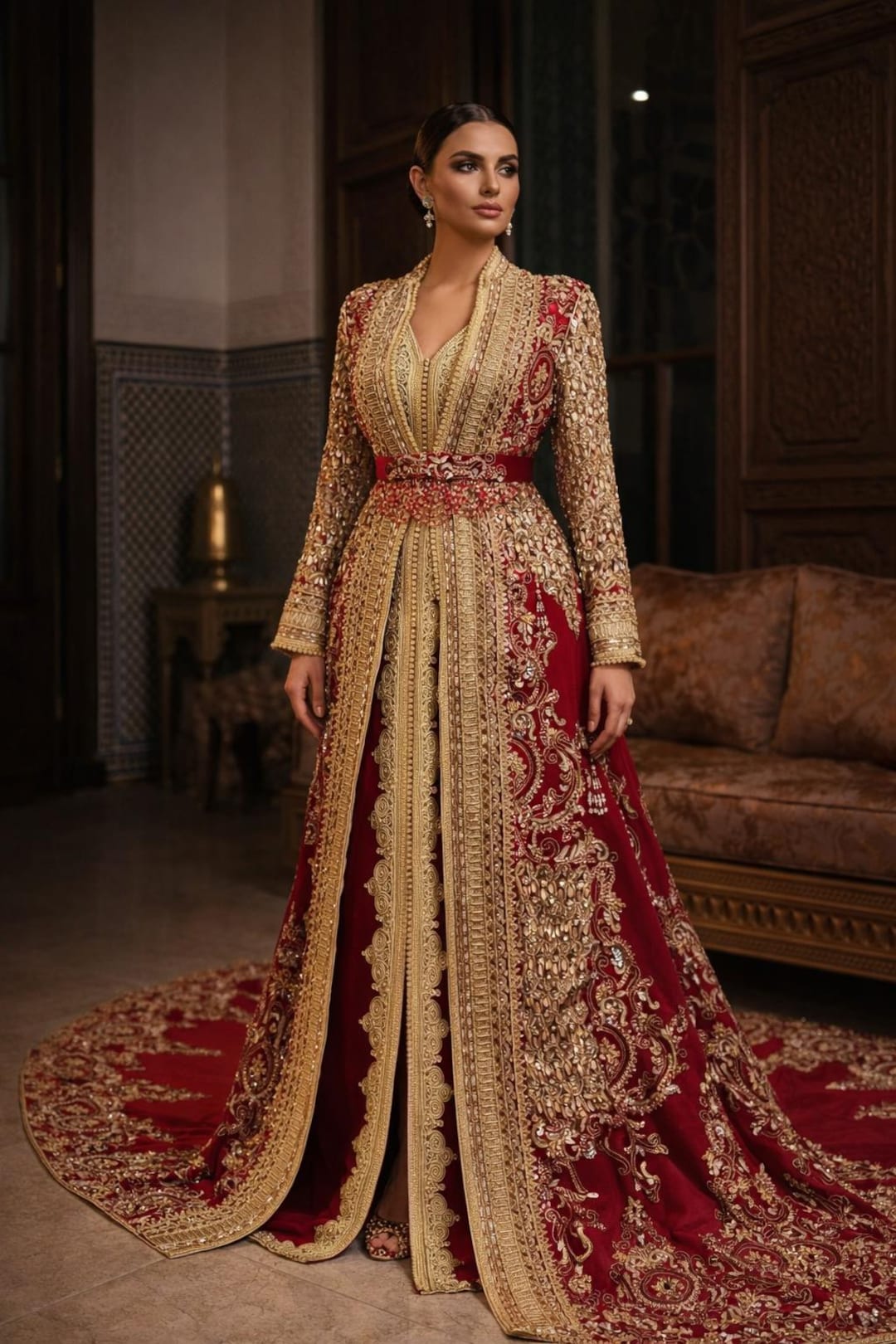 Luxury Moroccan Bridal Kaftan Red Velvet | Hand Embroidered Wedding ...