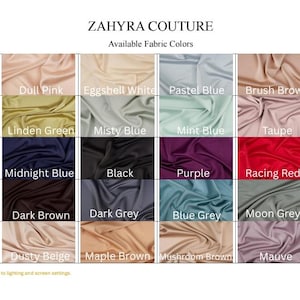 May include: Image showcasing a fabric color chart from ZAHYRA COUTURE. The chart displays a variety of fabric colors, including Dusty Beige, Dull Pink, Eggshell White, Pastel Blue, Brush Brown, and Nude Peach. Other colors include Shadow Brown, Linden Green, Misty Blue, Mint Blue, Taupe, and Violet.