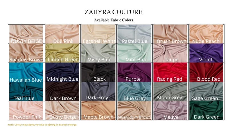 May include: Image showcasing a fabric color chart from ZAHYRA COUTURE. The chart displays a variety of fabric colors, including Dusty Beige, Dull Pink, Eggshell White, Pastel Blue, Brush Brown, and Nude Peach. Other colors include Shadow Brown, Linden Green, Misty Blue, Mint Blue, Taupe, and Violet.