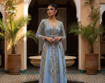 Sky Blue Embroidered Kaftan Dress, Luxury Beaded Evening Gown, Handmade Moroccan Caftan
