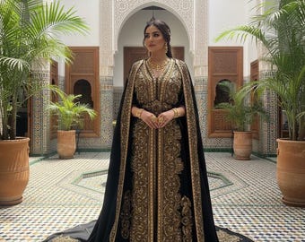 Black Luxury Crepe Kaftan Takchita, Hand Embroidered Bridal Wedding Outfit