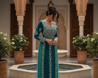 Handmade Moroccan Kaftan Dress, Gold Embroidery Bridal Takchita, Custom Wedding Caftan