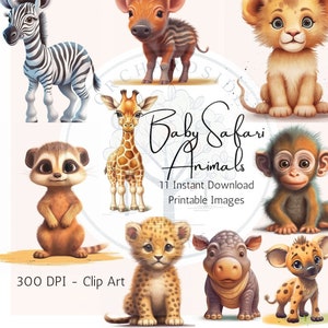 Baby Safari Animals Clipart - Wild Animals Printables - Instant Download - Cute Lion, Elephant, Meercat, Giraffe, Hippo etc.