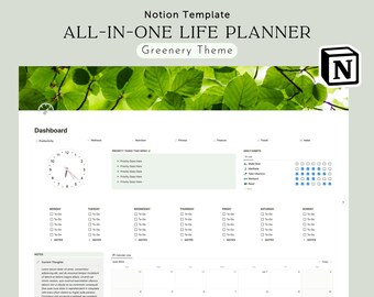 Notion Template, All In One Life Planner, Greenery Aesthetic
