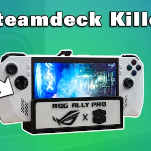 May include: A white handheld gaming device with a screen displaying a video game. The device is sitting in a white stand with the text "ROG ALLY PRO" and the logos for ASUS and 8BitDo.