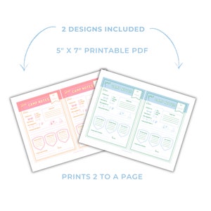 May include: Two printable 5x7 inch camp note templates. One template is pink with orange accents and the other is blue with green accents. Both templates have the text "Camp Notes" at the top and include sections for "Date", "Camp is in", "The food is", "The weather is", "I was surprised when", "Something interesting", "Something fun", "I want you to know", and "Love".