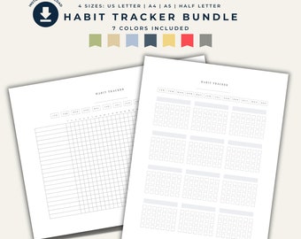 Pode incluir: Conjunto de folhas de rastreamento de hábitos imprimíveis com 7 opções de cores. O conjunto inclui dois layouts diferentes: um rastreamento diário e um rastreamento mensal. O texto na imagem diz "INSTANT DOWNLOAD", "4 SIZES: US LETTER | A4 | A5 | HALF LETTER", "HABIT TRACKER BUNDLE", e "7 COLORS INCLUDED".