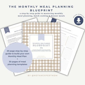 Puede incluir: Una guía imprimible para la planificación de comidas mensuales, la cocina por lotes y las comidas congeladas. La guía incluye 20 páginas de instrucciones paso a paso y 30 páginas de plantillas de planificación de comidas. La portada presenta un patrón de cuadros vichy en beige y marrón.