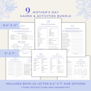 Pacchetto di giochi per la festa della mamma, pacchetto di giochi stampabili, idee per il brunch della festa della mamma, cosa c'è nella tua borsa, gioco a quiz per la mamma, attività di gioco per la festa della mamma