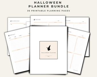 May include: A printable Halloween planner bundle with 36 pages. The cover features a black witch silhouette on a peach background. The text "Halloween Planner" is in black. The bundle includes 5 sizes: US Letter, A4, A5, Half Letter, and 7 x 9.25 inches.