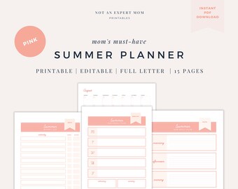 UNDATED PRINTABLE pink Summer planner for mom, Summer schedule for kids, bucket list printable, organized mom, chore charts, family planner