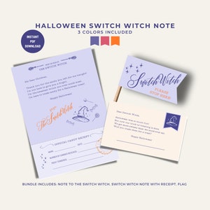 May include: Printable Halloween Switch Witch note with a witch hat illustration and a candy receipt. The note says "Thank you for the candy you left for me tonight! I'm not here to give you a fright. I'm the sweetest witch you ever could meet. I'm here to trade candy for a Halloween treat!"