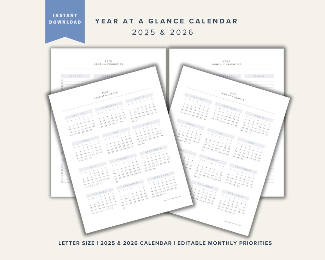 2026 Year at a Glance Calendar, 2025 Printable Yearly Calendar ...