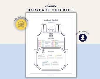 Lista de verificación editable para la mochila, lista de verificación semanal para la mochila imprimible, lista de verificación para el regreso a clases, recordatorio visual para niños con TDAH, rutina matutina para niños