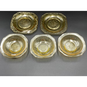 Five (5) Federal Depression Glass Amber Yellow Madrid Fruit Bowls And Bread Plates