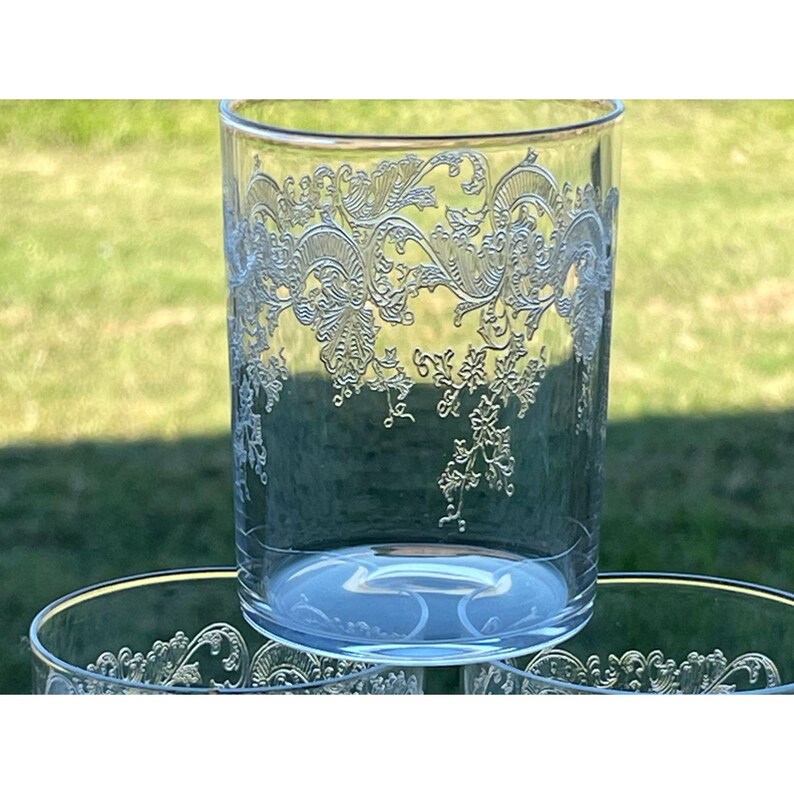 Six 6 Vintage Crystal Needle Etched Floral Pattern Clear Tumbler