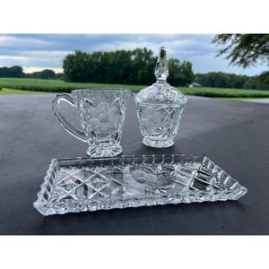 Set of Gorham Crystal Floral Undertray Covered Sugar Bowl and Creamer Pitcher