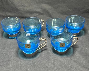 Set of Six (6) Handmade in Italy Cappuccino Tea Cups Mugs Blue Glass SS Handle