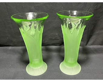 Two (2) Viking Green Applied Leaf Pattern Satin Glass Vases w/Original Tags