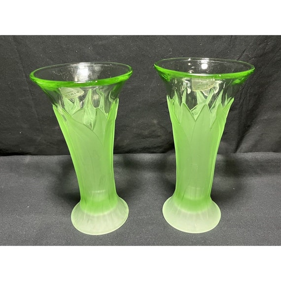 Two (2) Viking Green Applied Leaf Pattern Satin Glass Vases w/Original Tags