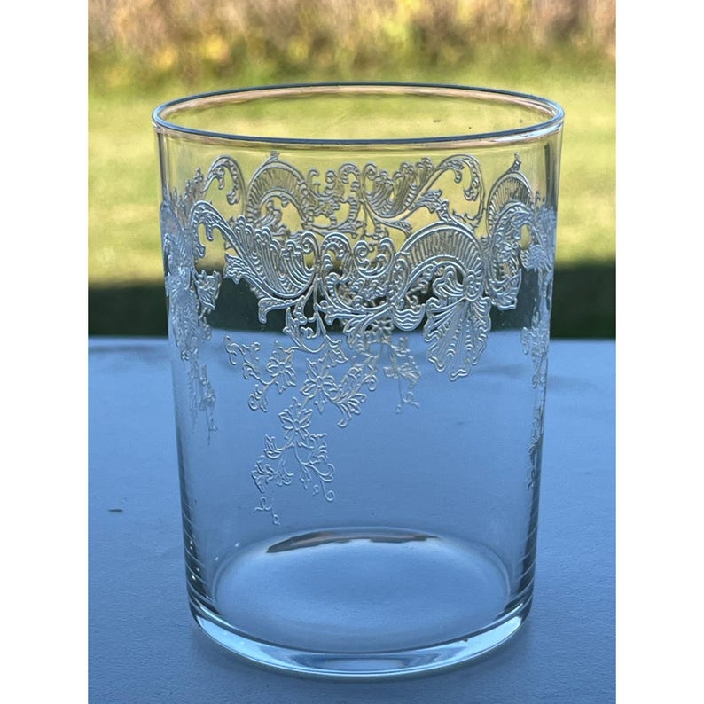 Six 6 Vintage Crystal Needle Etched Floral Pattern Clear Tumbler