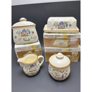 One (1) Set of Country Home Sugar Cream Set Napkin Holder Butter Dish-New in Box