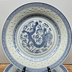 Four (4) Jingdezhen China Rice Eyes Blue & White 5 Claw Dragon Vintage Plates