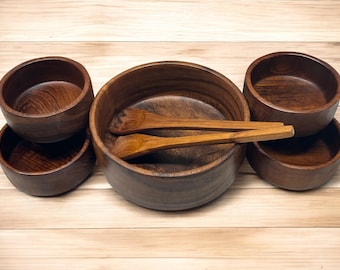 Seven (7) Piece Mid Century Teak Wood Salad Bowl Set Goodwood Thailand