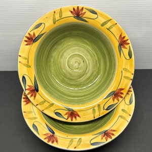 Lot De 9 Assiettes Plates Pier 1 - Vert Et Jaune, Faites En Italie, Décor à La Roue