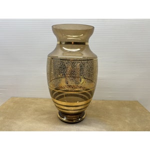 One (1) Vintage Vecchia Murano Art Glass Vase Amber Gold Trim