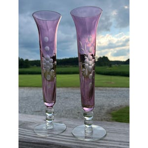 Two (2) Vintage Cranberry Rose Hand Blown Glass Bud Vases with Floral Etchings