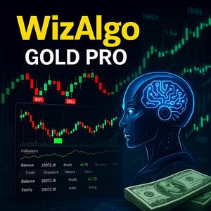Può includere: Illustrazione digitale con il testo "WizAlgo GOLD PRO" in giallo. Raffigura un profilo stilizzato con un cervello a forma di circuito stampato, grafici di borsa e una pila di banconote da un dollaro USA.