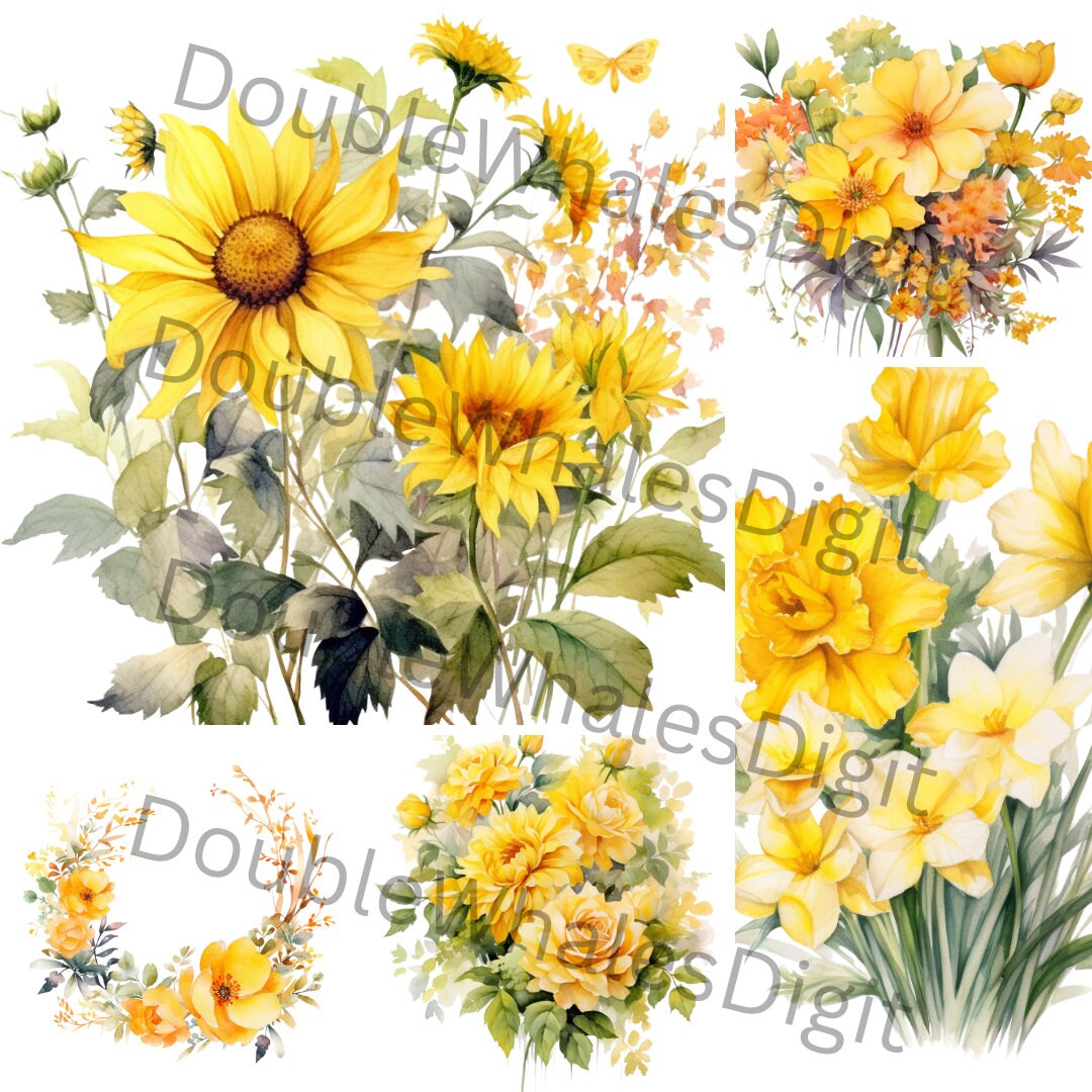 Watercolor Floral Yellow Floral Clipart Set of 20, Fall Flowers Summer ...