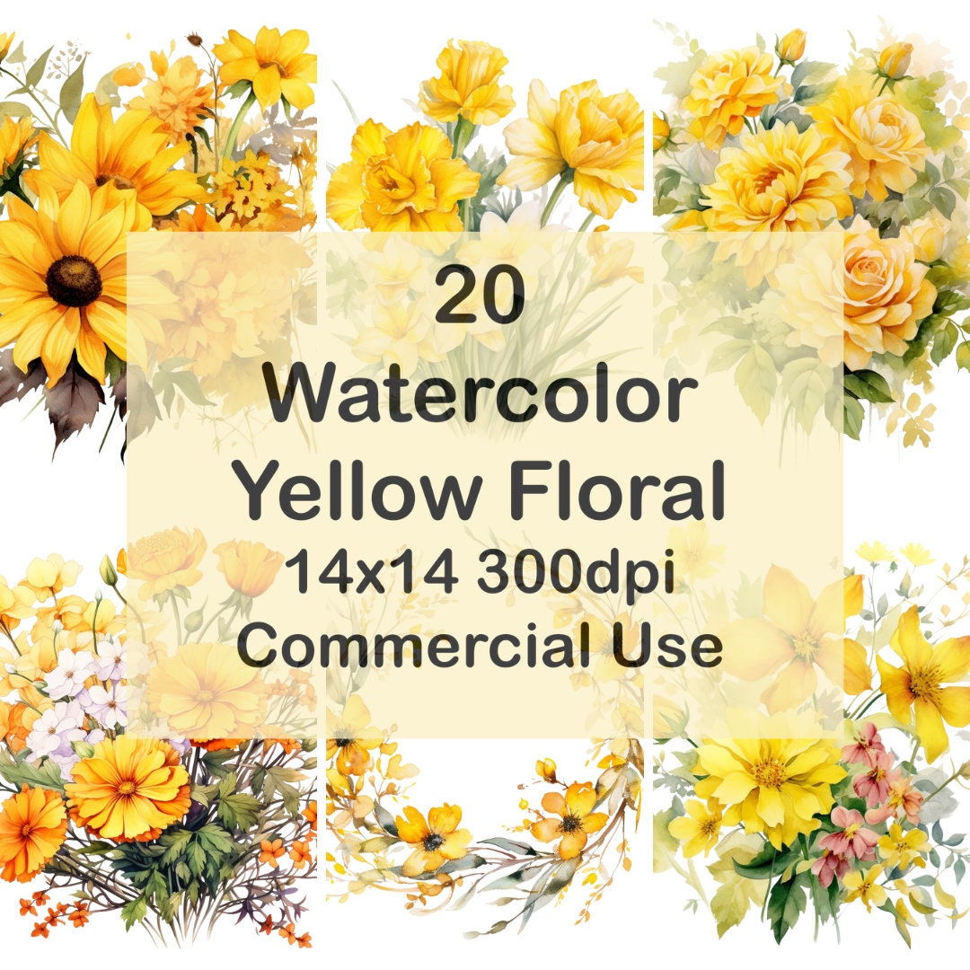 Watercolor Floral Yellow Floral Clipart Set of 20, Fall Flowers Summer Fall Floral, PNG, 14x14 300dpi, Instant Download, Commercial Use