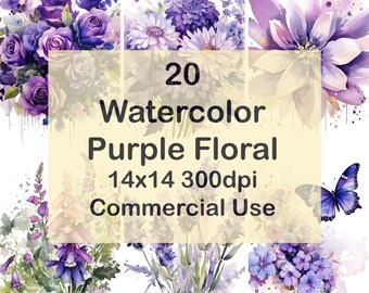 Watercolor Purple Floral Clipart Set of 20, Fall Flowers Fall Floral Summer Flowers, PNG, 14x14 300dpi, Instant Download, Commercial Use